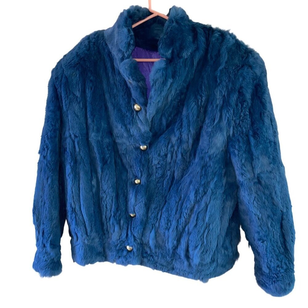 Vintage 1980s Womens Jacket Size XL Blue Bomber Style Rabbit Pockets Casual
